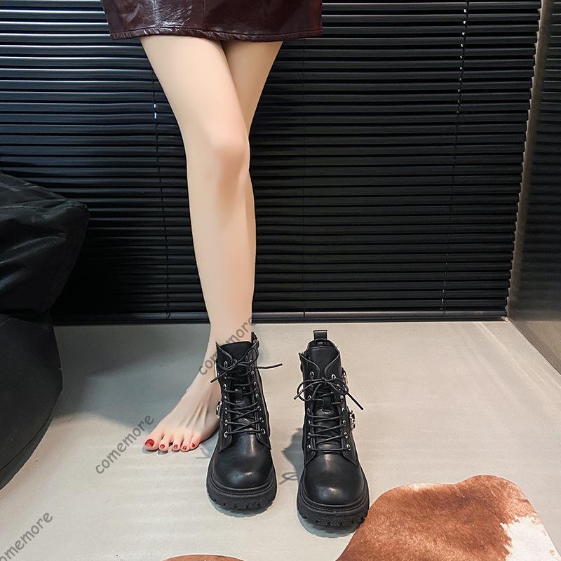 Comemore  Autumn Black Ankle Boots Square Heel Lace Up Women New Platform Short Motorcycle Botas Punk Style Women Shoes