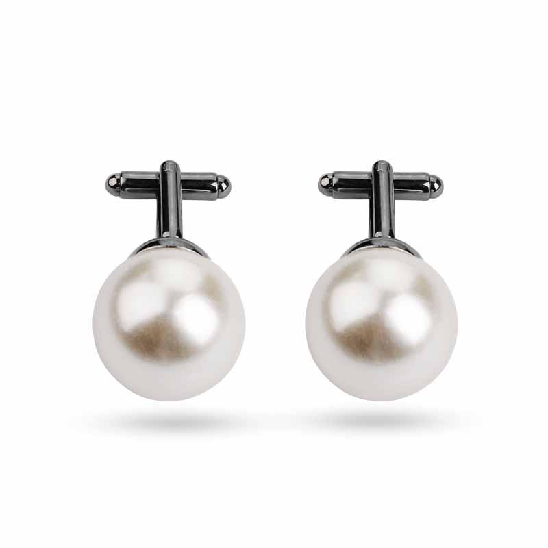 Mens Imitation Pearl Ball Shaped Cufflinks Black And Golden Tones Sleeve Button
