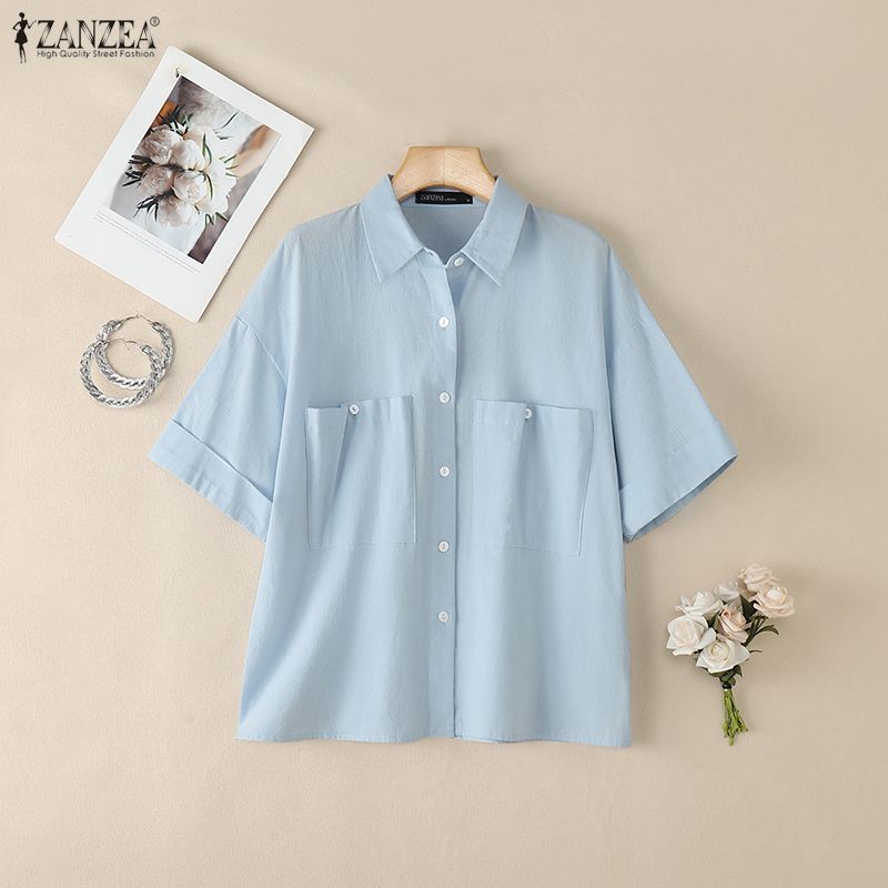 ZANZEA Women Casual Turn Down Collar Summer Half Sleeve Blouse