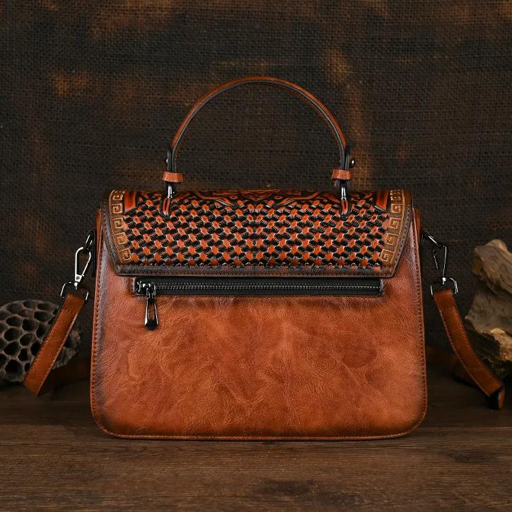 Johnature Borsa da donna in pelle goffrata fatta a mano, borsa vintage, borse a tracolla e a spalla versatili