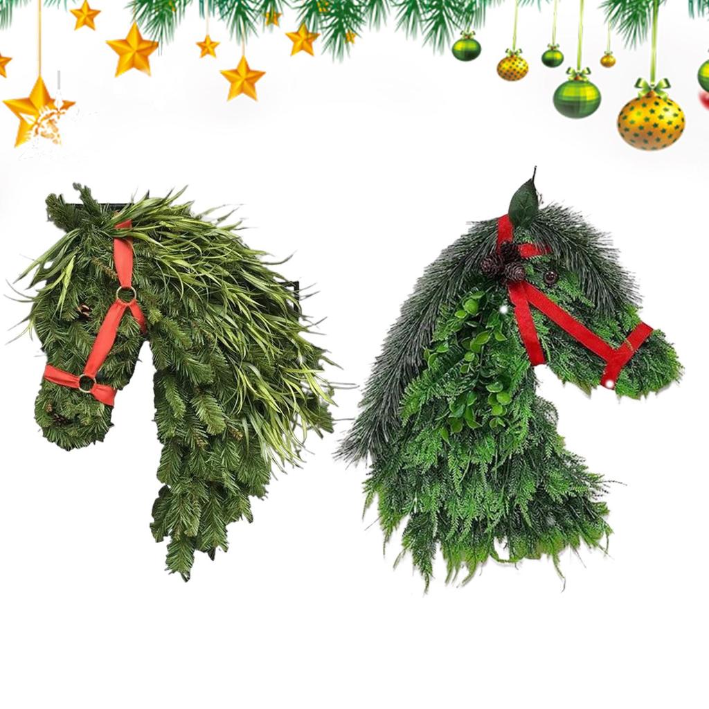 Outdoor Pferdekopfwreath Künstliche Grünpflanzen Pferdekopftür-Weihnachtskranz Lustiger Türkranz mit roter Schleife Dekorationen