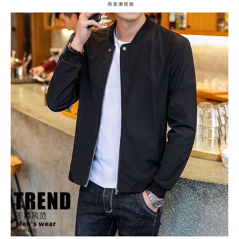 18 Stretch Fabric Mens Jacket Young Adult Slim Fit Stand Collar Solid Color Casual Outerwear