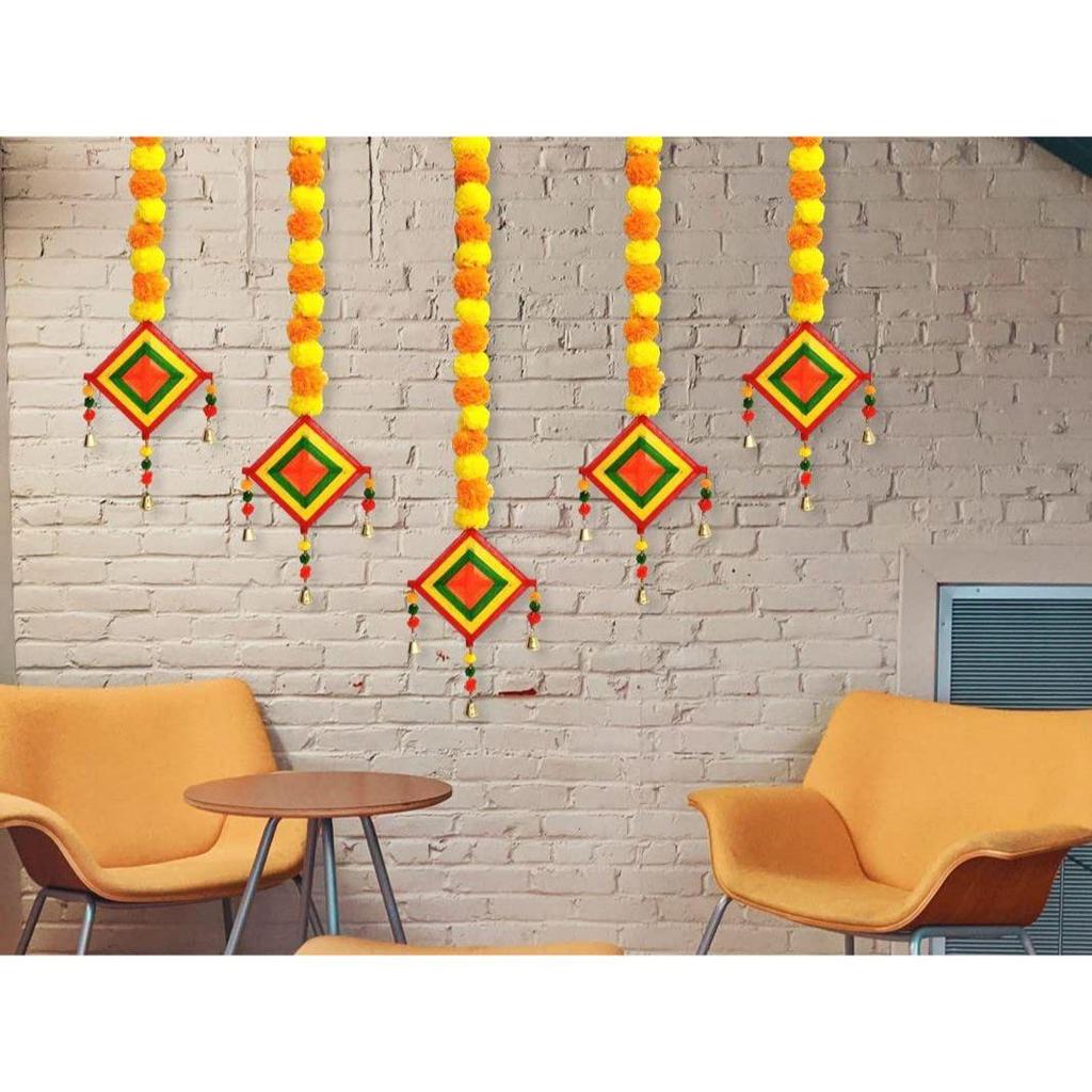 Handmade  Marigold Fluffy Flowers Colorful Woolen Kite Bells Hangings for Home Décor, Pooja Room Decoration, Haldi Mehndi Décor (39 Inches)(Pack of 6)