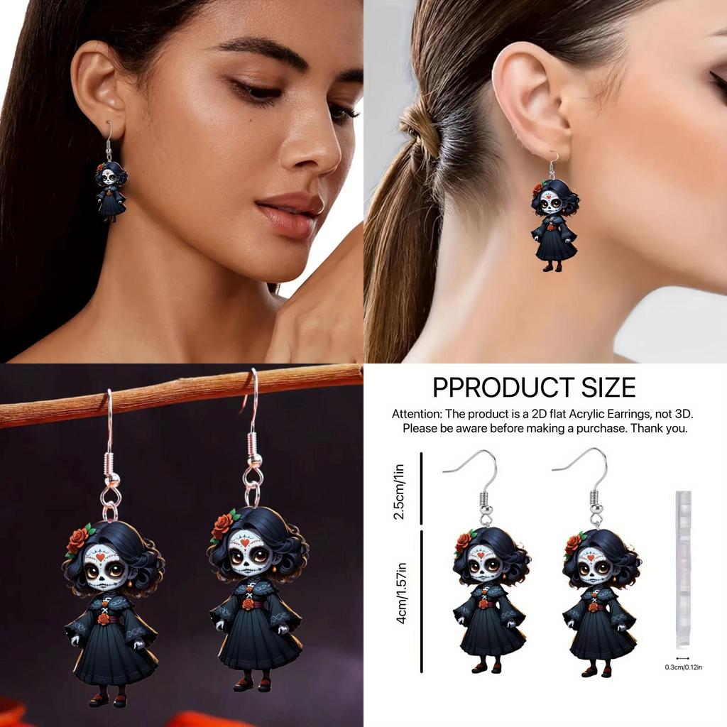 Halloween Themed Black Skull Rose Girl Four Pattern Women Earrings Acrylic