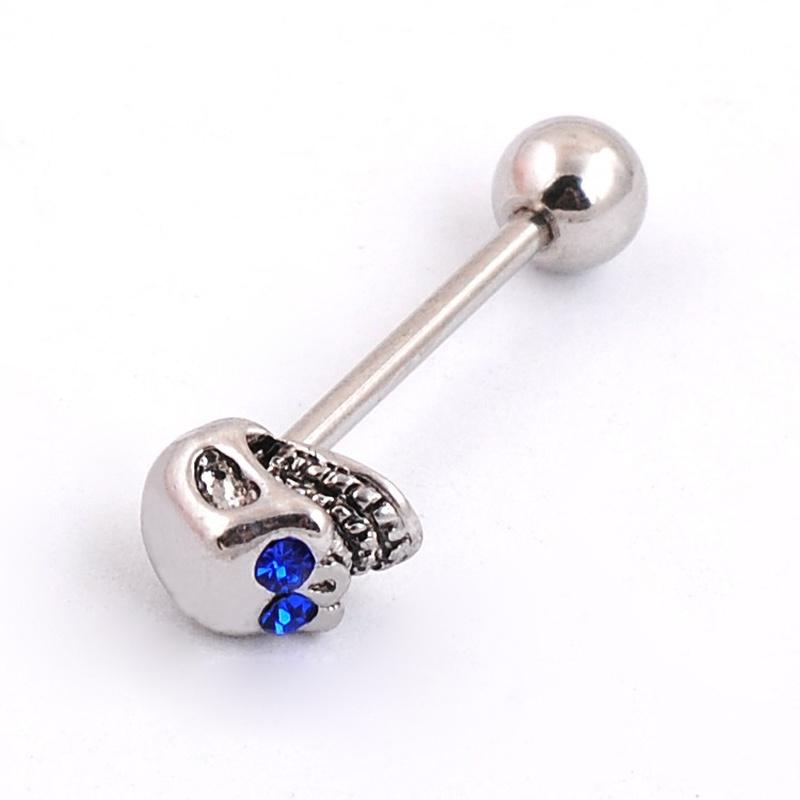 1Pcs New Stainless Steel CZ Gem Skull Silvery Tongue Barbell Ring Bar Body Piercing Myshine