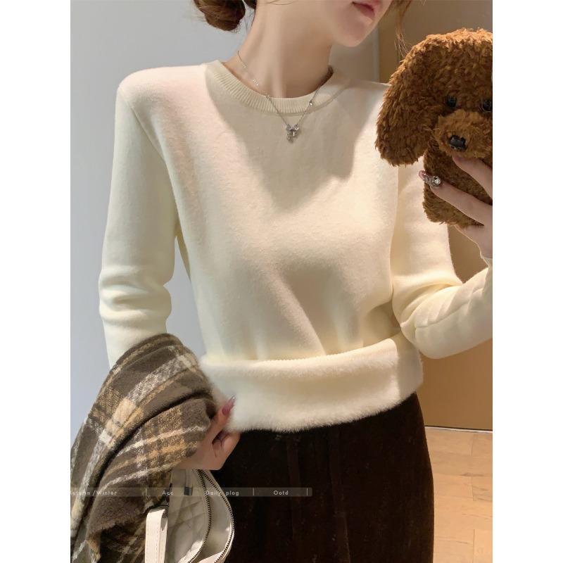 Autumn and Winter Fleece Thickened Sweater Women's Soft Waxy Warm Inner Long-sleeved Integrated Fleece Bottoming Shirt Basic Knitted Top
