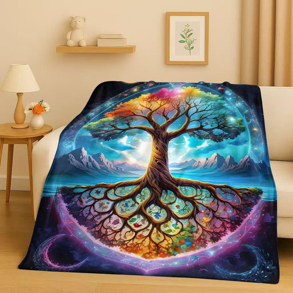 Retro Kleurrijke Levensboom Yggdrasil Keltisch Runen Flanellen Deken, Ultra Zachte Pluche Plaid voor Huis Slaapkamer Bed Bank Cover Kinderen