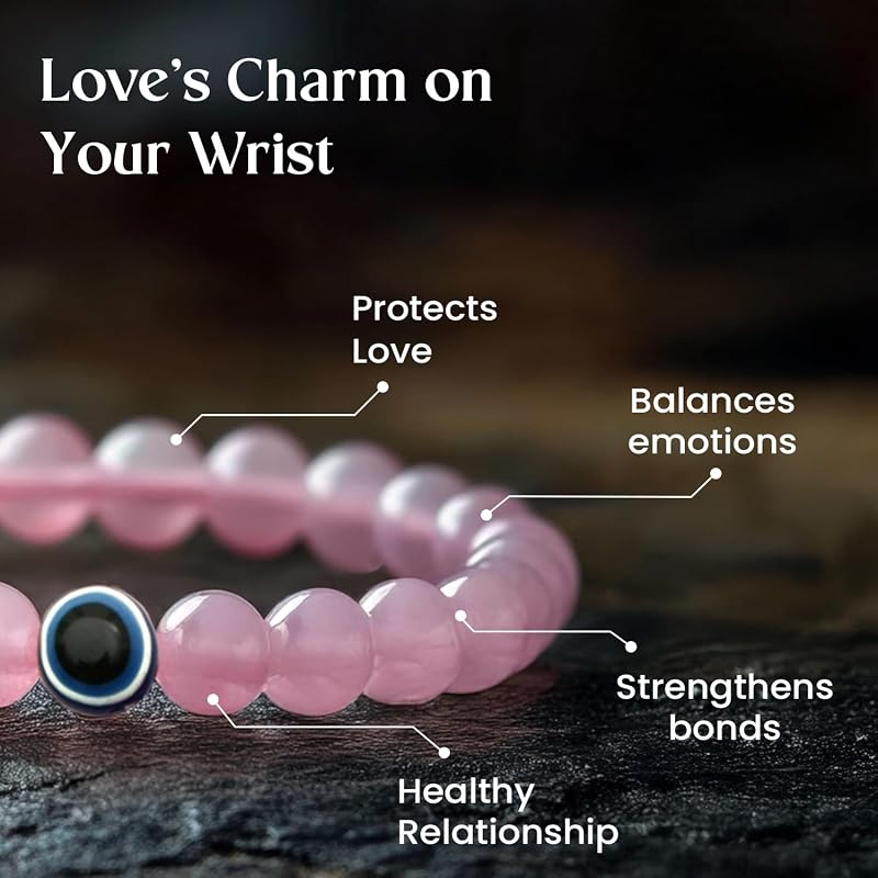 Astrotalk Rose Quartz with Evil Eye Bracelet | Love, Protection & Positive Energy | Astrology Bracelet for Men & Women |