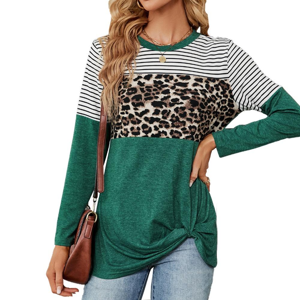 

Весенне-осенняя женская блузка с круглым вырезом в стиле пэчворк, свободные топы с длинными рукавами в леопардовую полоску XXL мох зеленого