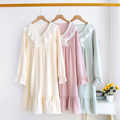 Neues Damen-Nachthemd für Frühling und Sommer, 100 % Baumwollkrepp, langer Rock, süße Prinzessin, Langarmrock, Übergröße