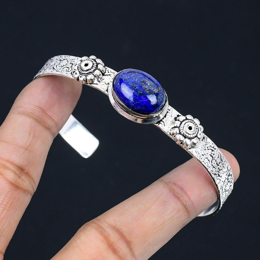 925 Sterling Silver Oval Lapis Lazuli Gemstone Engagement Art Deco Sister Bangle