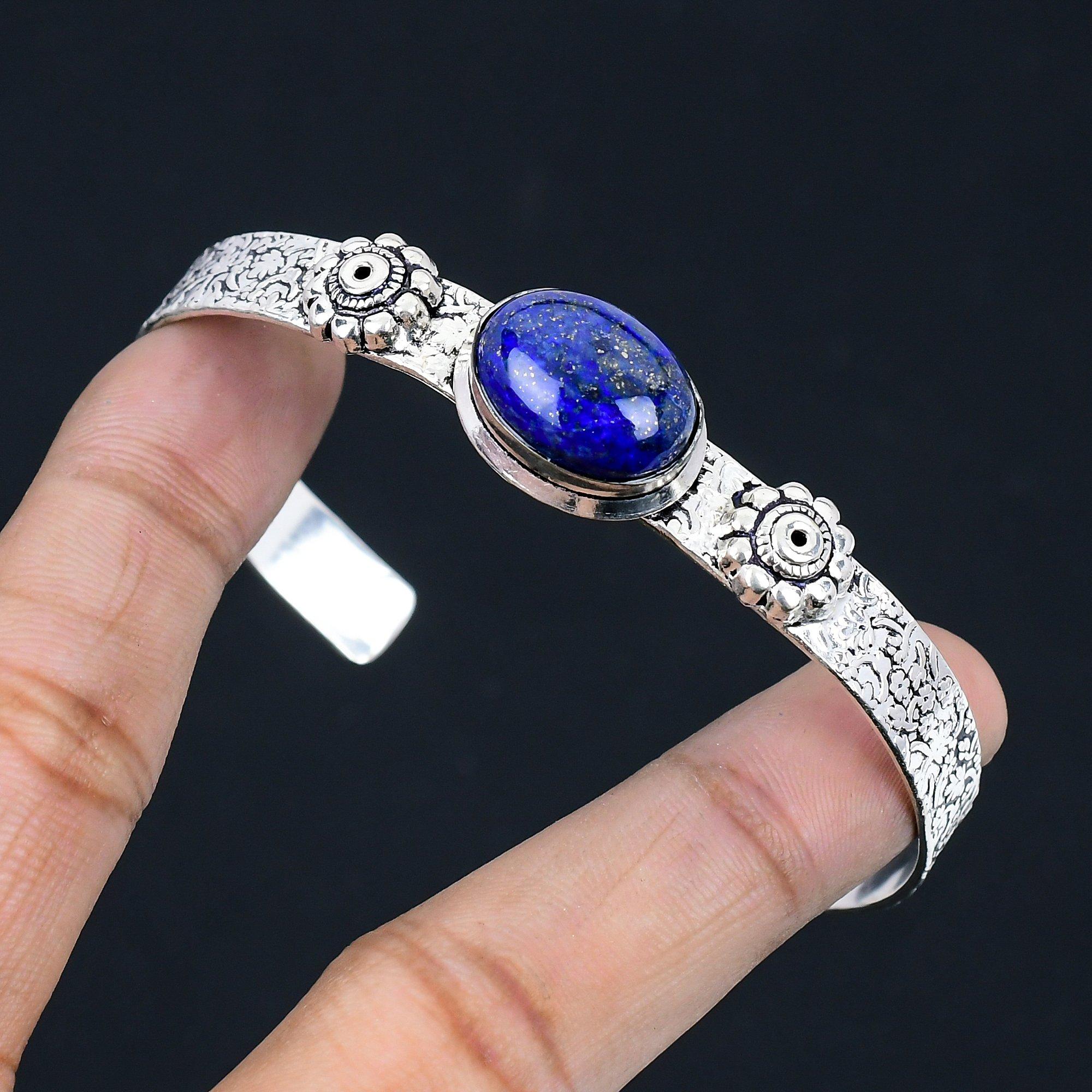

925 Sterling Silver Oval Lapis Lazuli Gemstone Engagement Art Deco Sister Bangle Adjustable