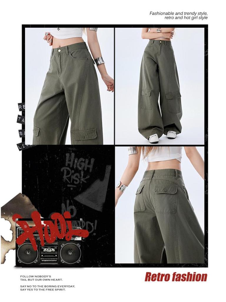 2026 Spring Trendy Military Green Curved Leg Workwear Jeans – Casual, Loose, and Versatile Drape for Women