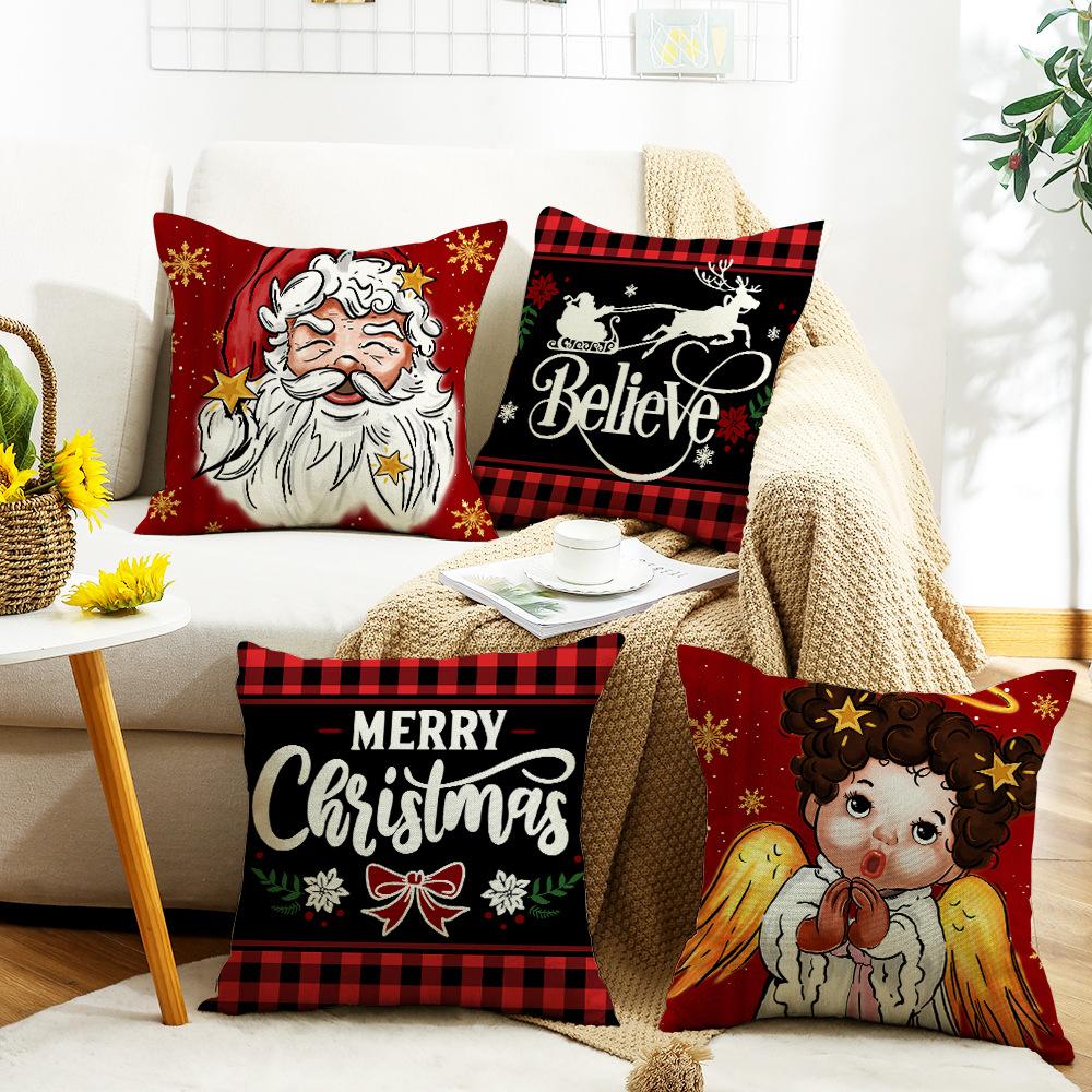 Santa Elk Cushion Cover Red Plaid Little Angel Print Cushion Cover Holiday Sofa Cushion Cover