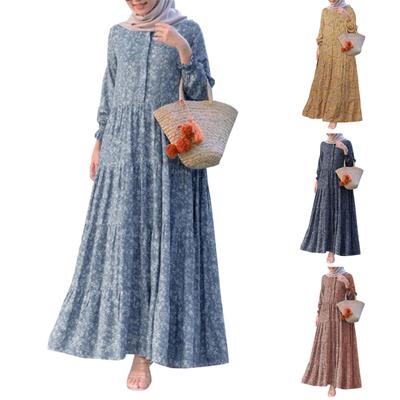 Vestidos longos casuais muçulmanos de manga comprida com estampa floral em camadas femininas