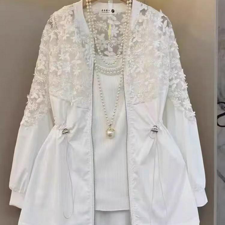 

2026 Lace Patchwork Sun Protection Windbreaker: Plus Size Slimming Loose Cover-up with Drawstring Waist M (85-100 lbs) білий