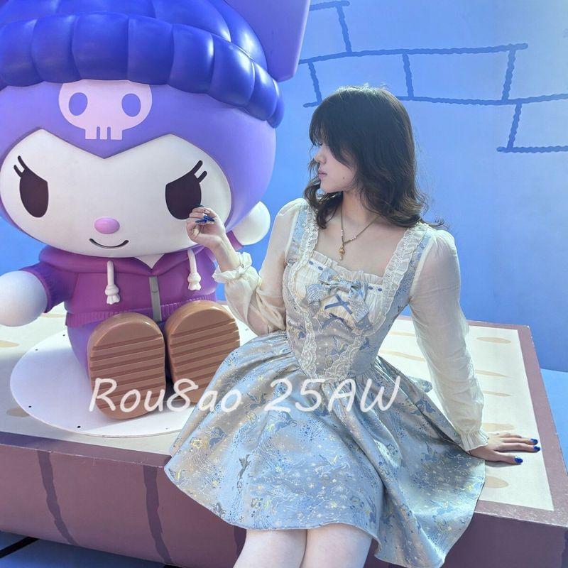 

Rou8Ao Plus-Size Women s French Sweet Style Jacquard Dress for Women 2026 Spring/Summer Slimming Puffy Short Dress Pegasus Blue M