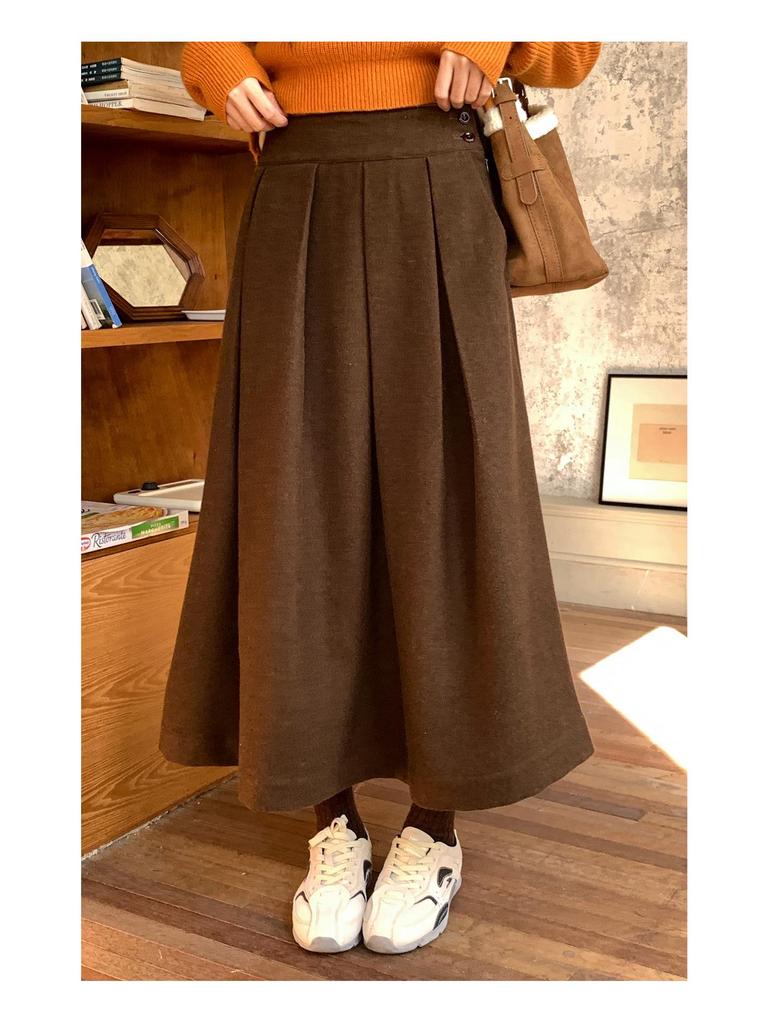 Jiu'er Berlin Wool Midi Skirt - Women's High Waist, Large Hem, 0760