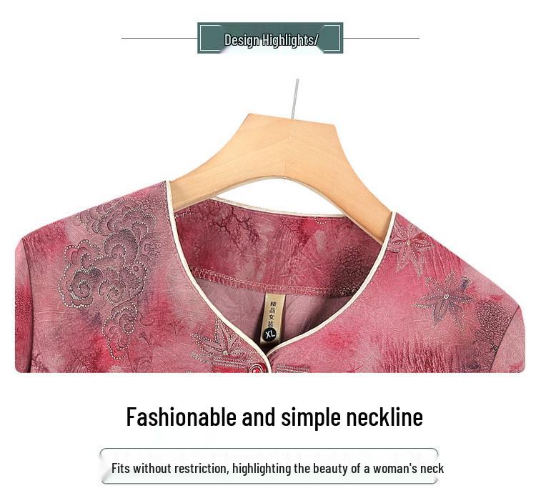 Elegant Spring/Summer Printed Two-Piece Set: Seven-Sleeve Shirt & Pants for Elderly Women
