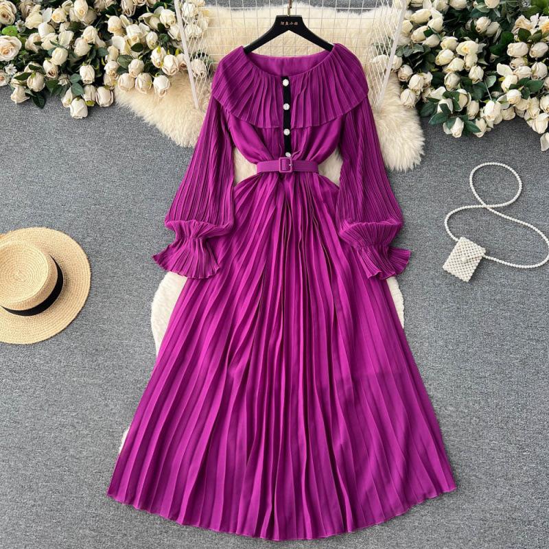 Summer new waist slim lapel pleated dress socialite temperament ruffle edge long sleeves big swing long dress tide