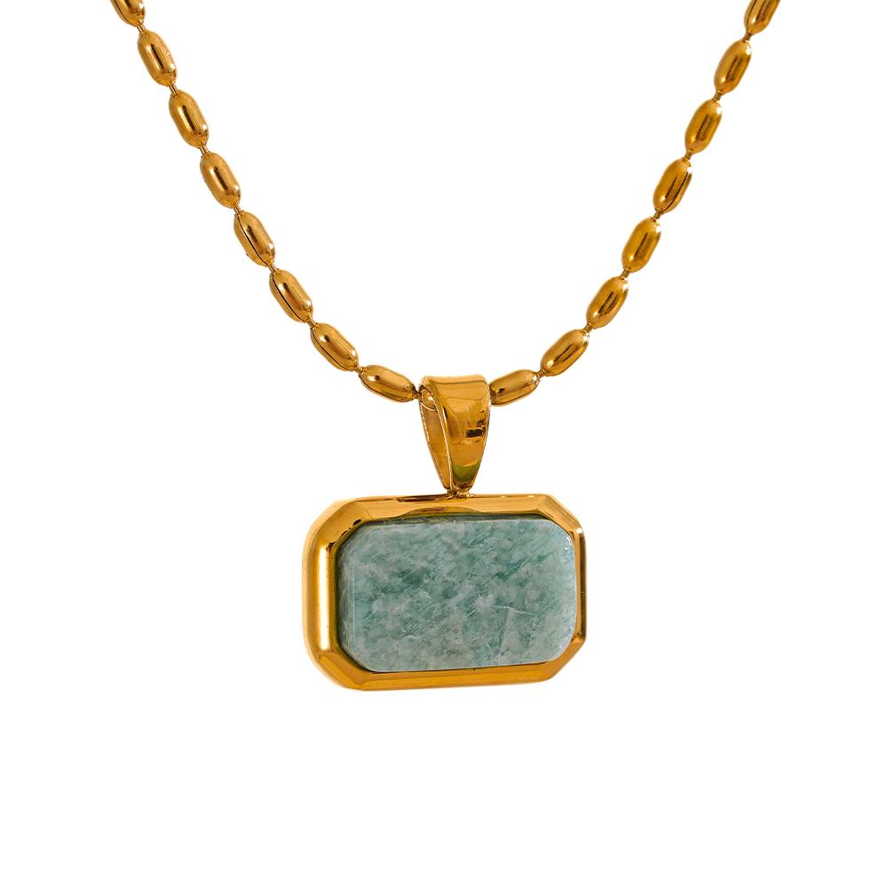 Yhpup Amazonite Square Natural Stone Stylish Pendant Stainless Steel Necklace Chic Exclusive Waterproof High Quality Jewelry