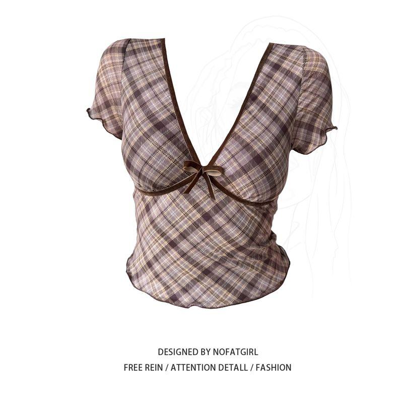 

Plus size Chubby Girl Retro Sexy V-neck Plaid All-Match Short sleeve T-shirt Women Summer Gyaru Niche Chic Slim fit Top Plaid Top M