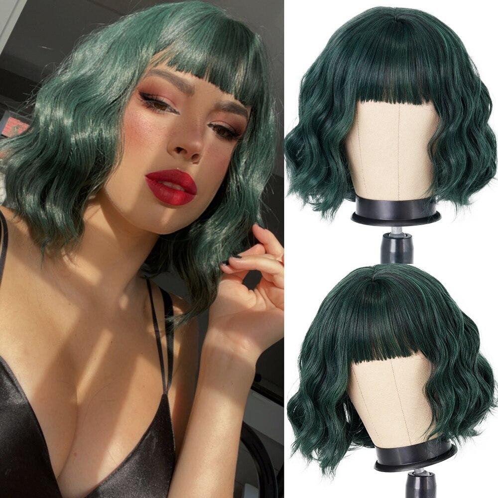 MISS WIG Women Fashion Short Wavy Wig with Bangs Synthetic Fiber Pure White Wavy Wig Cosplay Halloween Party Wear