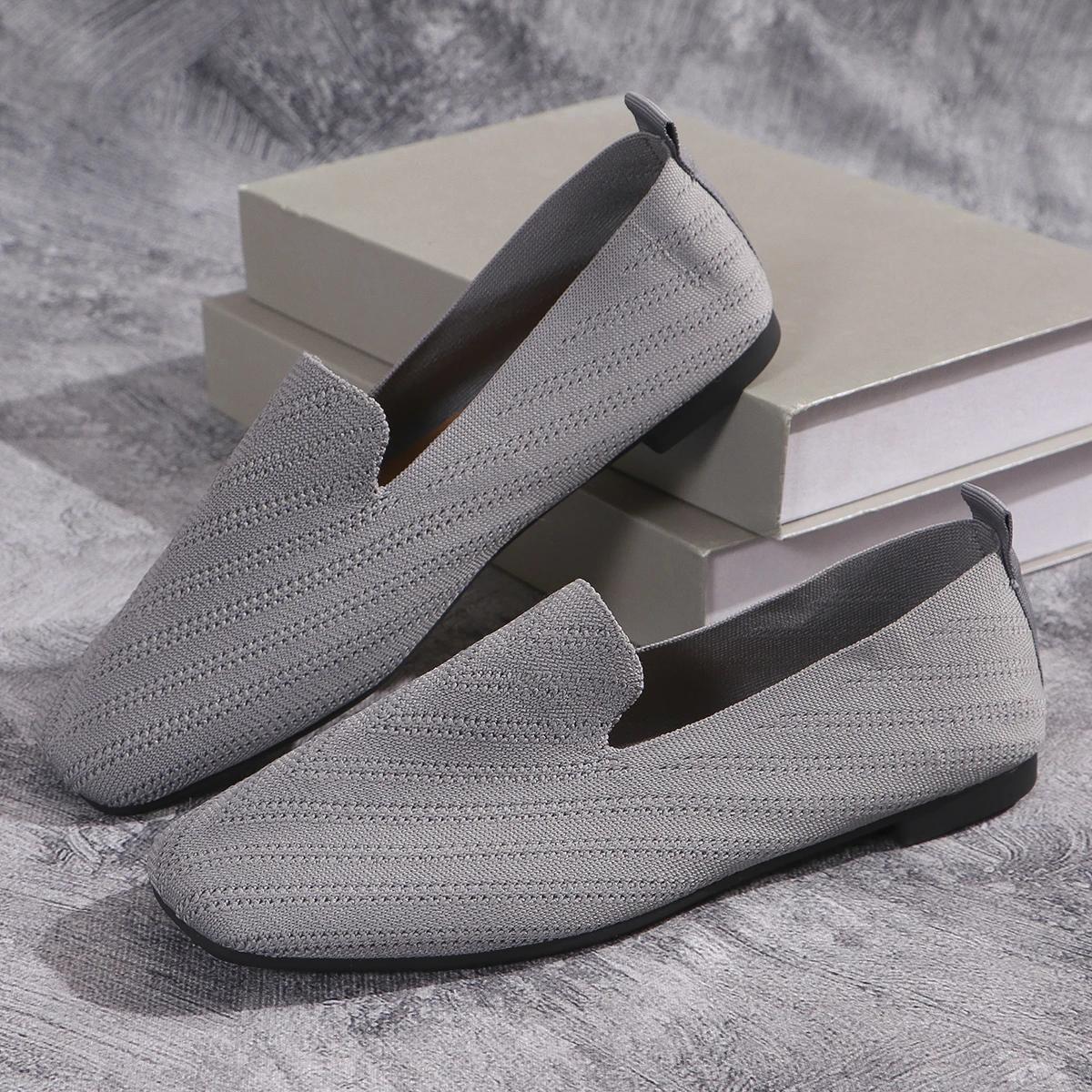 

2024 однотонные сетчатые лоферы с квадратным носком, женская обувь на плоской подошве, вязаная балетка на мягкой подошве, повседневная обувь без шнуровки 40 серый
