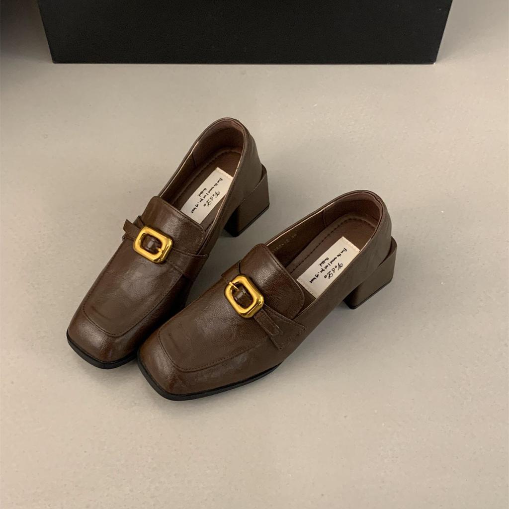 Mocasini pentru femei cu toc gros, pantofi unici de primăvară și toamnă, pantofi cu toc înalt, pantofi leneși cu un singur pedale, pantofi britanici cu toc mediu Mary Jane, pantofi mici din piele