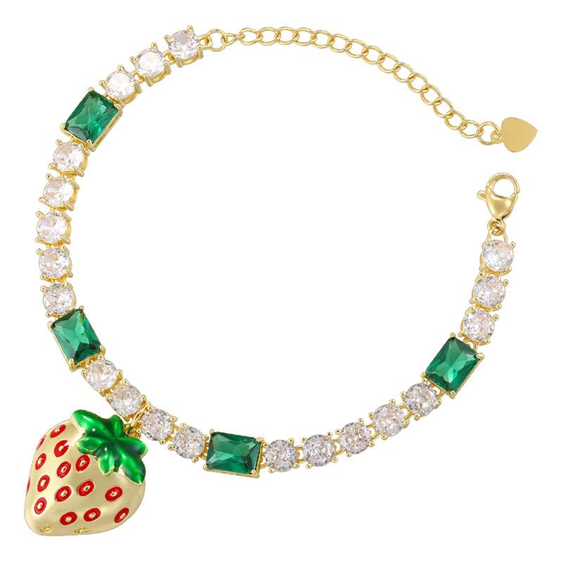 Exquisite Sweet Copper Diamond Strawberry Bracelet Necklace Premium Fruit Jewelry Set Vl633-634