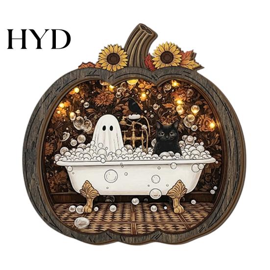 Whimsical Ghost Book Nook Halloween Wooden Tabletop Ornament, 2D Flat Cute Reading Bathing Thanksgiving Table Centerpiece Watering Plaque with A
