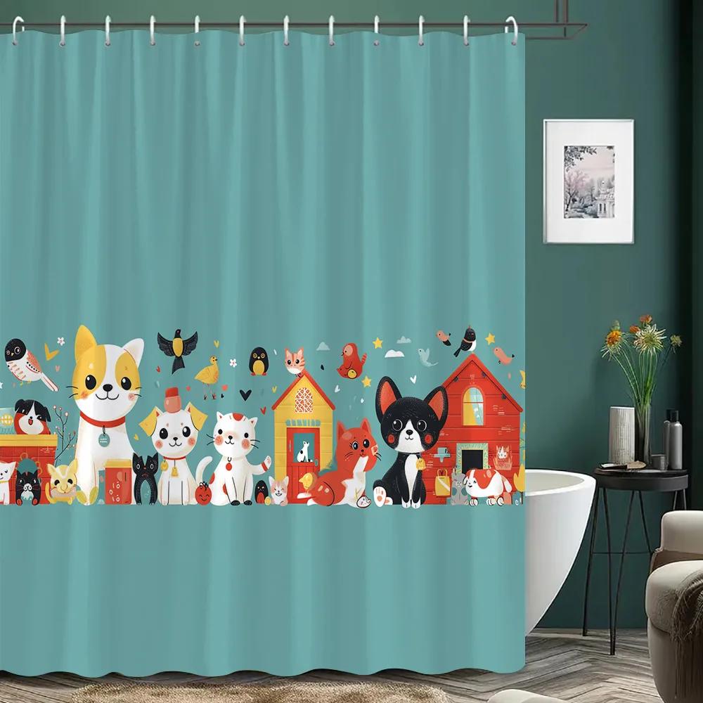 Cartoon Cat Shower Curtain Black and White Line Cat Colourful Footprints Polyester Fabric Home Shower Curtains Bathroom Decor