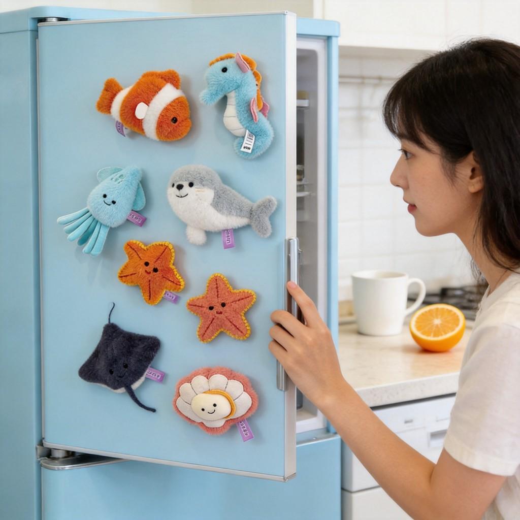Cartoon Marine Life Plush Magnet Set With Pp Cotton For Refrigerator Decor