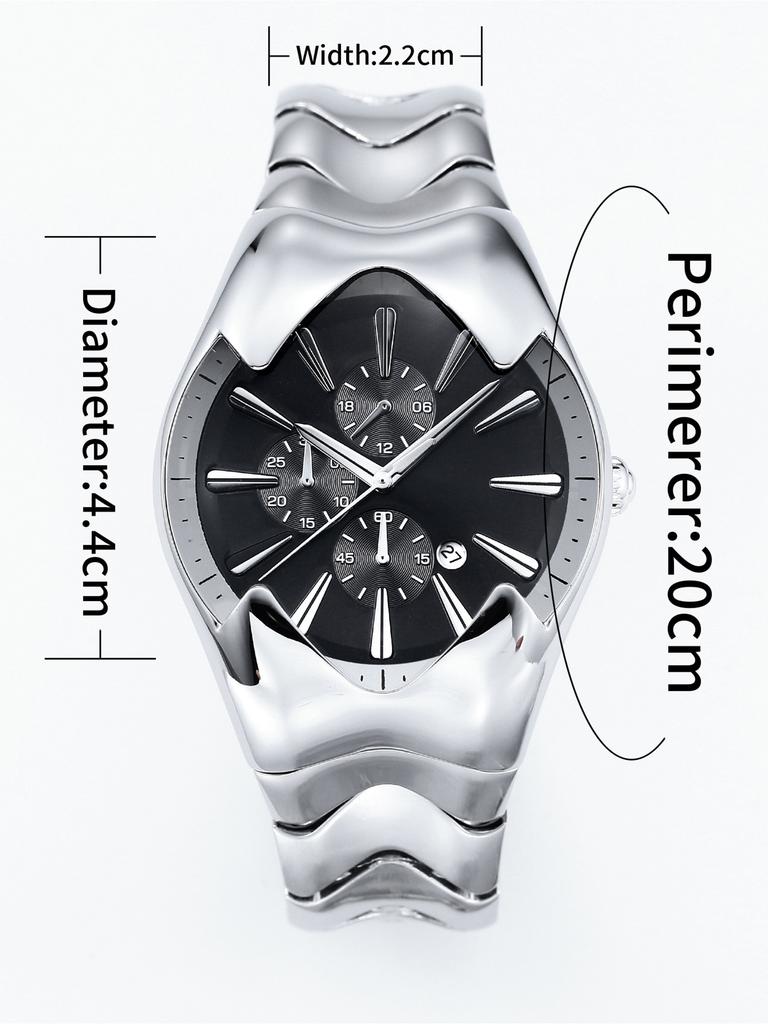 Y2K Quartz Watch Futuristic Case Wavy Stainless Steel Band Chronograph Date Business Waterproof Wristwatch