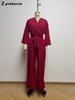Autumn French Style Deep V Bubble Sleeve Wide Leg Pants Women High Waist Long Romper