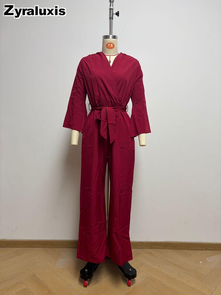 Autumn French Style Deep V Bubble Sleeve Wide Leg Pants Women High Waist Long Romper
