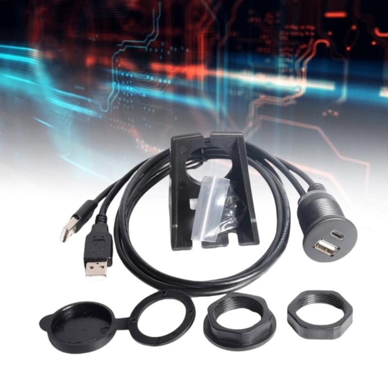 USB 2.0 Extension Cord with Double USB A Male to USB and Type C Female Ports 1M Length for Vehicle