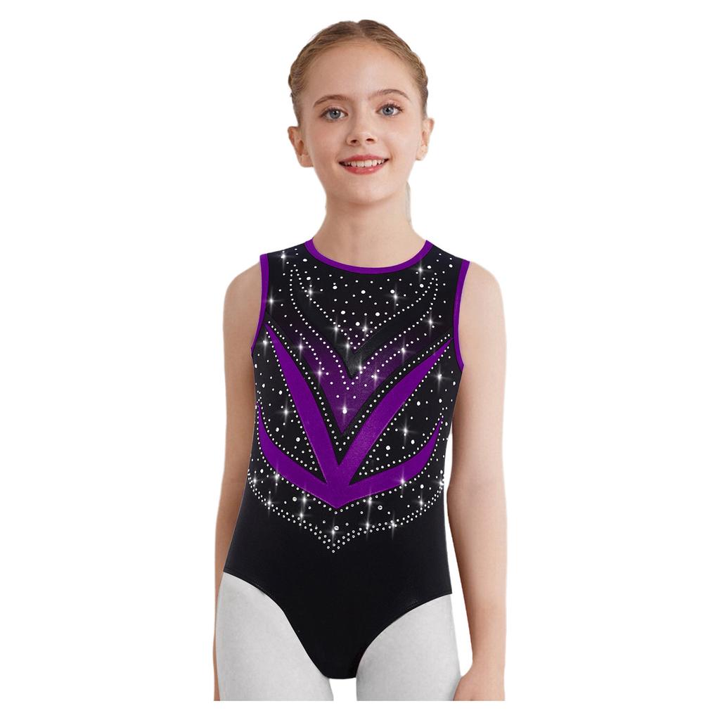 Girls Gymnastics Leotard Sleeveless Crisscross Cutout Back with Mesh Patchwork Shiny Rhinestones Bodysuit