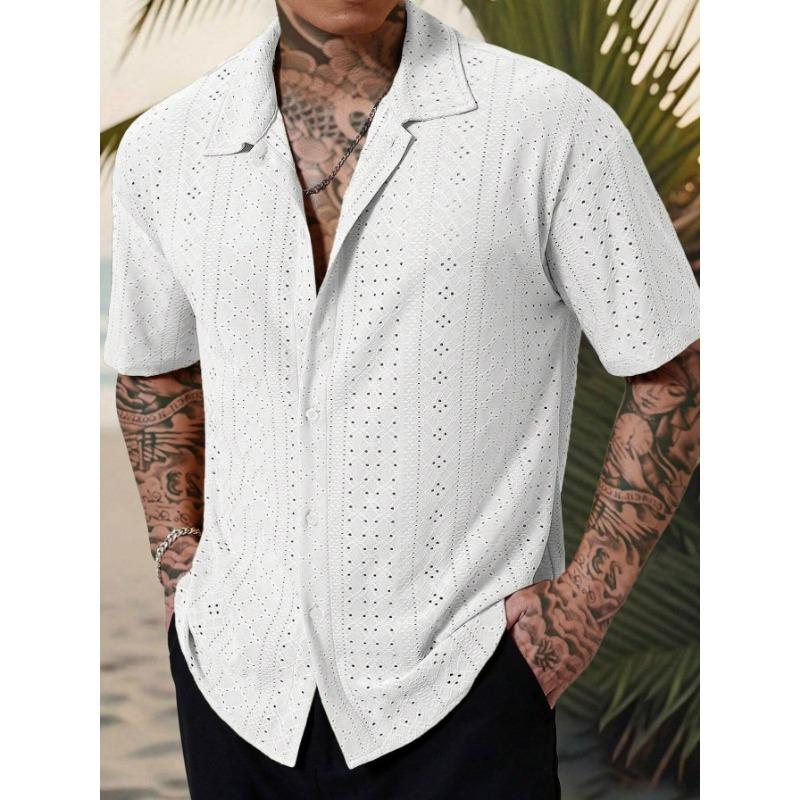 Spring Popular Men's Hollow Jacquard Short Sleeve Shirt Versatile Casual Breathable Comfortable Top