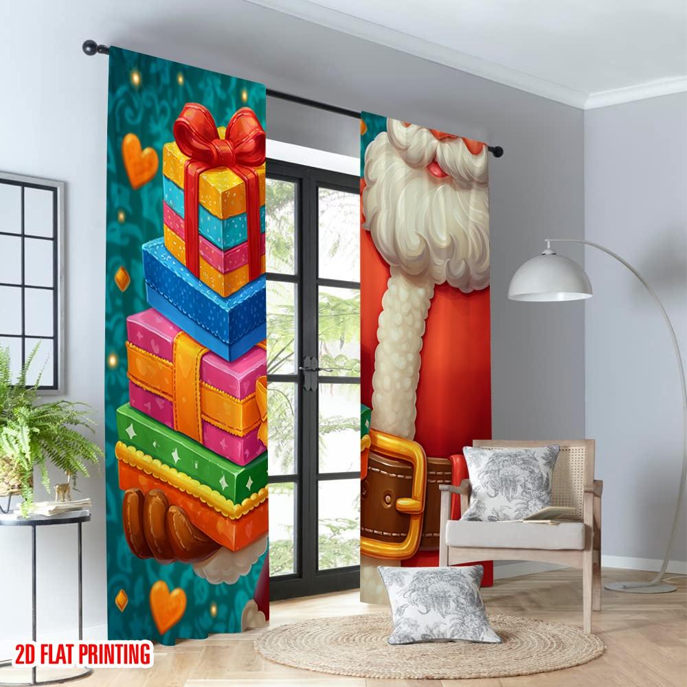 Set Of 2 Flat Printing Christmas Curtains Santa Gifts Holiday Digital Printed Polyester Drapes Family Party Decoration Curtain Made