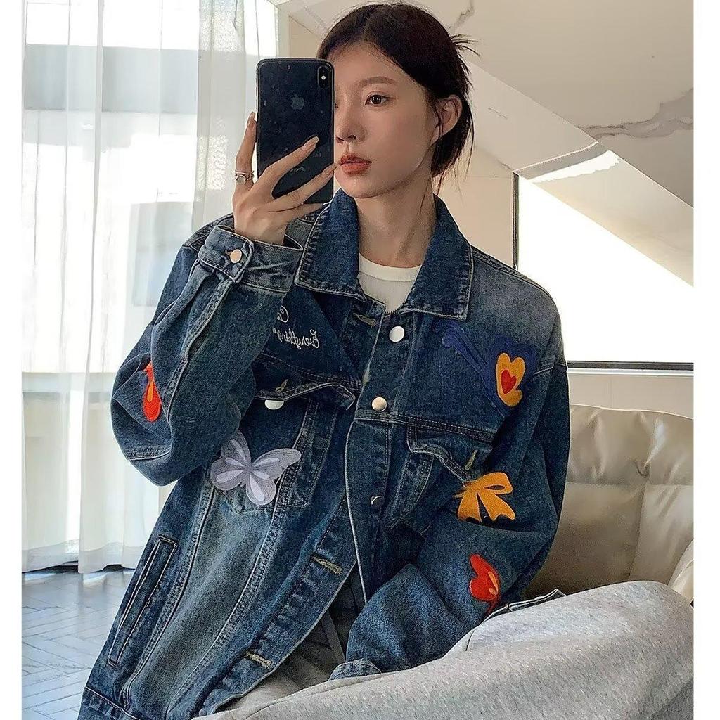 Trendy Unisex Butterfly Washed Denim Jacket - Spring/Autumn Casual Loose Fit