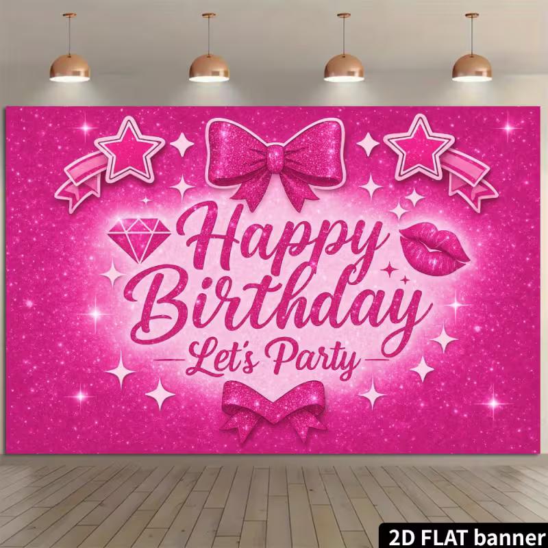 2D Hot Pink Sparkle Birthday Backdrop, Bow & Star Live Stream & Photoshoot Decoration 47.2x31.5inch/120*80cm