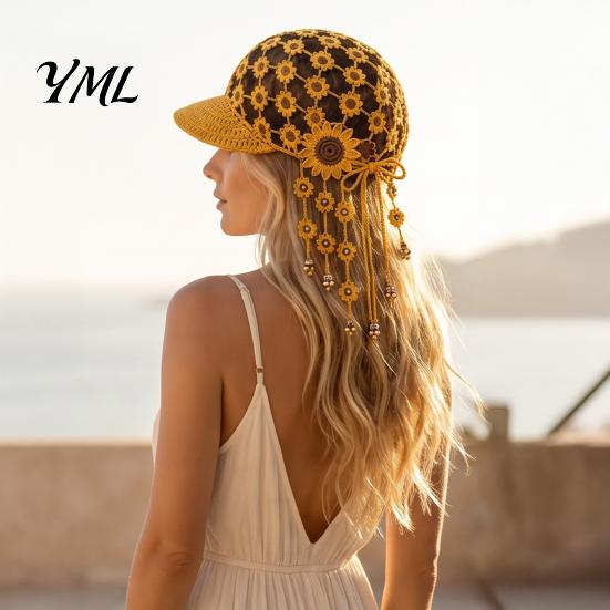 Travel Vacation Headwear Hand Crocheted Sunflower Baseball Cap, Bohemian Tassel Bell Hat, Handmade Knit Cutout Floral Unique Sun Hat Beanie