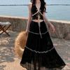 Bikini Halter Swimsuit Skirt Set Camisole Beachwear Clothings Long Skirt Bathing Suit Hanging V Neck Ruffled