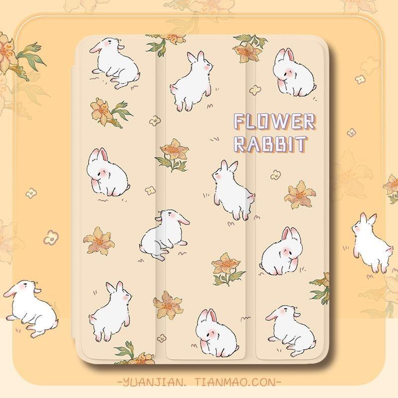 For iPad 2022 Gen10 10.9 Air4 Air5 10.9 Pro11 Pro12.9 Mini6/5/4 with Pencil Holder New High Quality Cute Floral Bunny Pattern iPad Tri-fold Flip Case