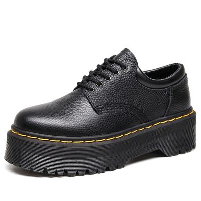 Thick-soled 5-hole Small Leather Shoes Women's Low-top, First-layer Lychee Pattern British Round Head Casual Student Muffin Bottom Short Boots
