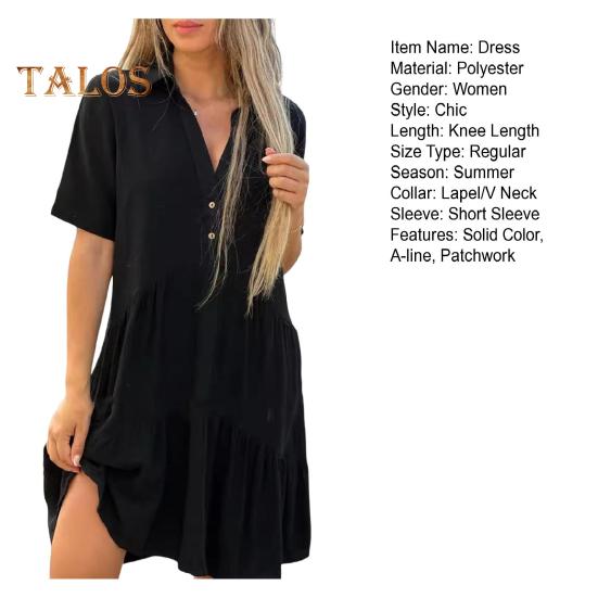 Rochie de vară pentru femei, cu guler în V, revere, plisată, petice la tiv, culoare uni, largă, linie A, cu fustă amplă, mâneci scurte, lungime midi până la genunchi