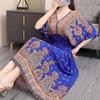 Casual Elegant Retro Bohemian National Style V-neck Elastic  Waist Large Swing Printed Summer Long Skirt Woman Dress Clothes