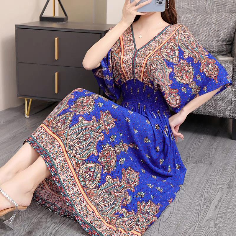 Casual Elegant Retro Bohemian National Style V-neck Elastic  Waist Large Swing Printed Summer Long Skirt Woman Dress Clothes