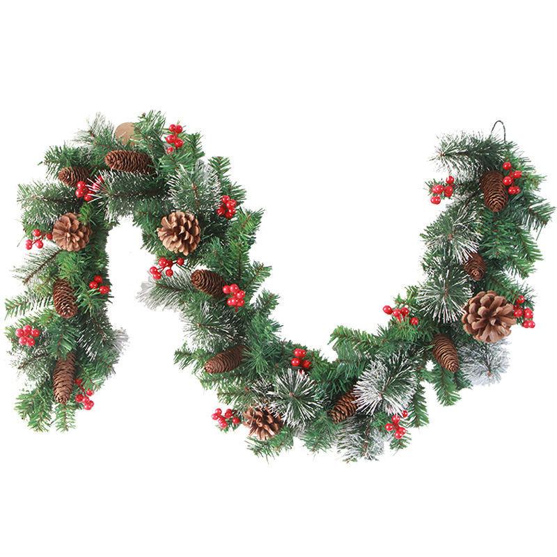 2.7M Christmas American PVC Wreath with White-Tipped Red Berries & Mixed Pine Needles - European Fireplace Garland Decoration